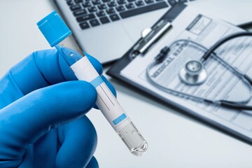 medical office work table with a sample from a patient positive for monkey pox virus (MPXV).
