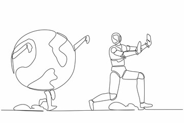 Single one line drawing stress robot being chased by globe. Afraid about climate change, ecological destruction. Future technology development. Continuous line draw design graphic vector illustration