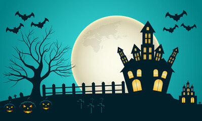 Halloween night spooky background with pumpkins and flying bats and House