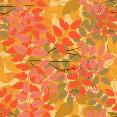 Autumn drawing of a rowan branch with leaves and berries on a yellow background. Seamless pattern. Vector.