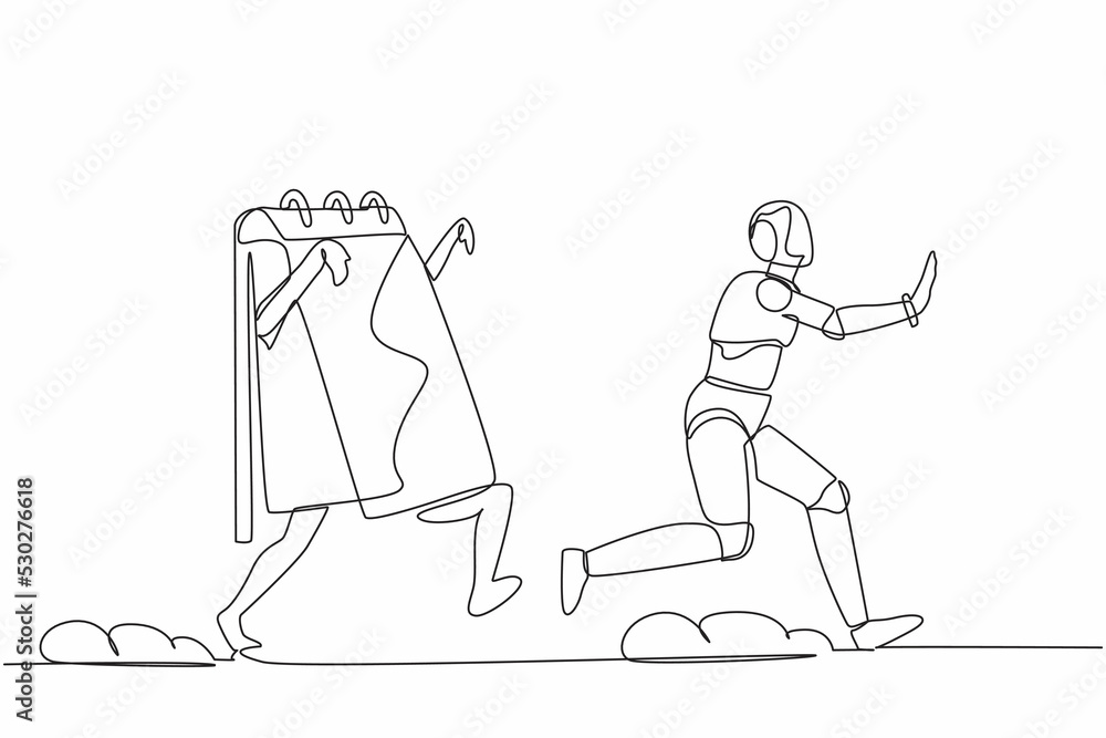 Poster continuous one line drawing stressed robot being chased by calendar. afraid with project schedule de