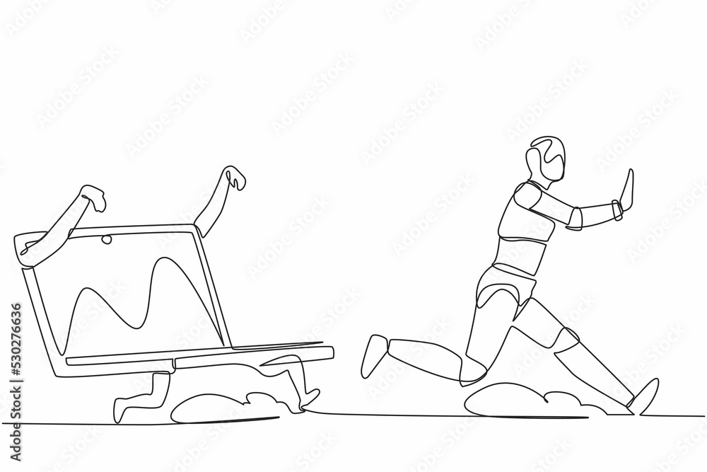 Poster single continuous line drawing stressed robot being chased by laptop. robot in deadline of technolog
