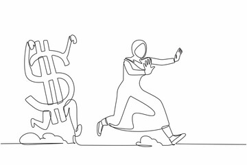 Single one line drawing fright Arab businesswoman being chased by dollar symbol. Female manager afraid with economic or financial crisis. Modern continuous line draw design graphic vector illustration