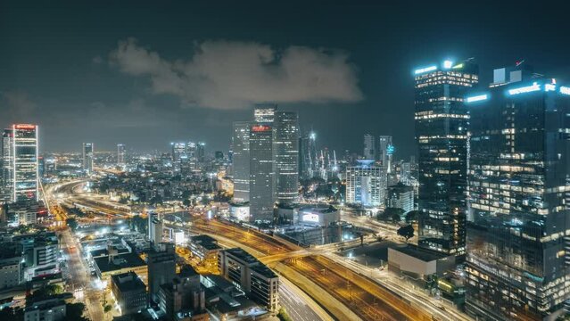 aerial drone hyperlapse azrieli tel aviv cityscape at night