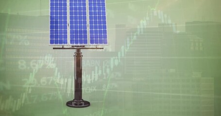 Animation of financial data processing over solar panel on cityscape background - Powered by Adobe