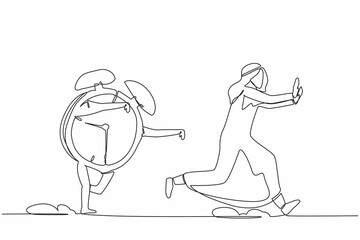 Continuous one line drawing unhappy Arabian businessman being chased by alarm clock. Manager awake from laziness. Running out of time. Deadline project. Single line design vector graphic illustration