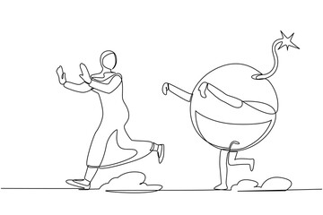 Continuous one line drawing fright Arab businesswoman being chased by bomb. Female manager afraid with financial crisis problems, taxation burden. Single line draw design vector graphic illustration