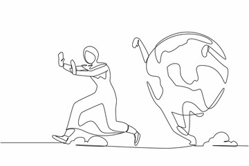 Continuous one line drawing fright Arabian businesswoman being chased by globe. Female manager afraid about climate change. Minimalist metaphor concept. Single line design vector graphic illustration