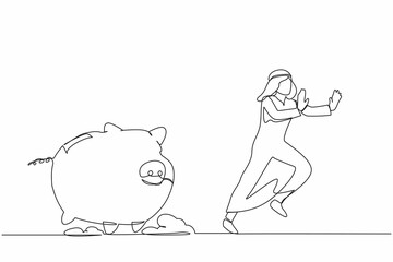 Single continuous line drawing unhappy Arab businessman being chased by piggy bank. Manager difficult to handle financial or economic crisis. Minimalism metaphor. One line design vector illustration