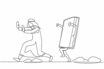 Continuous one line drawing unhappy Arab businessman being chased by book. Office worker difficult to get higher education to pursue career growth. Single line draw design vector graphic illustration