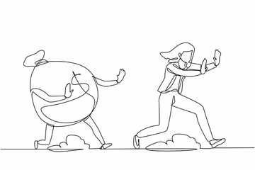 Continuous one line drawing scared businesswoman being chased by money bag. Female manager failed achieving goals and profit, running out for money. Single line draw design vector graphic illustration