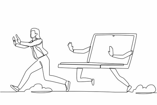 Single continuous line drawing scared businesswoman being chased by laptop. Female manager in office who has deadlines and project tasks that are constantly. One line draw design vector illustration