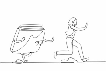 Continuous one line drawing scared businesswoman being chased by wallet. Female worker losing money, wasteful spending, gone money. Minimalist metaphor. Single line design vector graphic illustration
