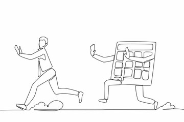 Continuous one line drawing stressed businessman being chased by calculator. Manager chased by calculations economy crisis. Technology education, counting. Single line draw design vector illustration