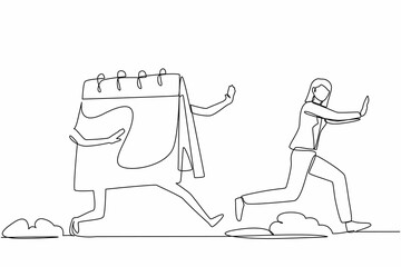 Single one line drawing scared businesswoman being chased by calendar. Female manager hurry in work deadlines, project schedule. Minimal metaphor. Continuous line design graphic vector illustration