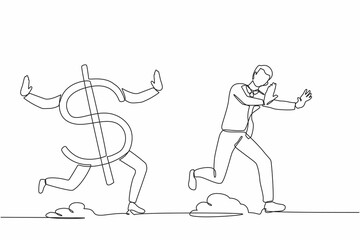 Single continuous line drawing stressed businessman being chased by dollar symbol. Office worker losing his money. Financial crisis. Minimalism metaphor. One line graphic design vector illustration