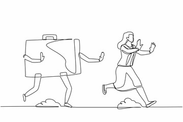 Continuous one line drawing scared businesswoman being chased by briefcase. Female manager hurry in high performance project. Minimalist metaphor. Single line draw design vector graphic illustration
