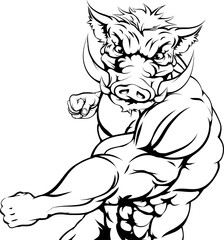 Mean boar sports mascot punching