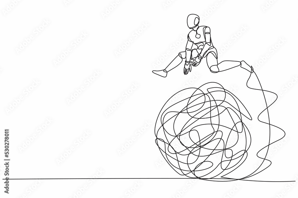 Poster single one line drawing robot jumping over tangled scribble. overcoming complexity of problem. futur