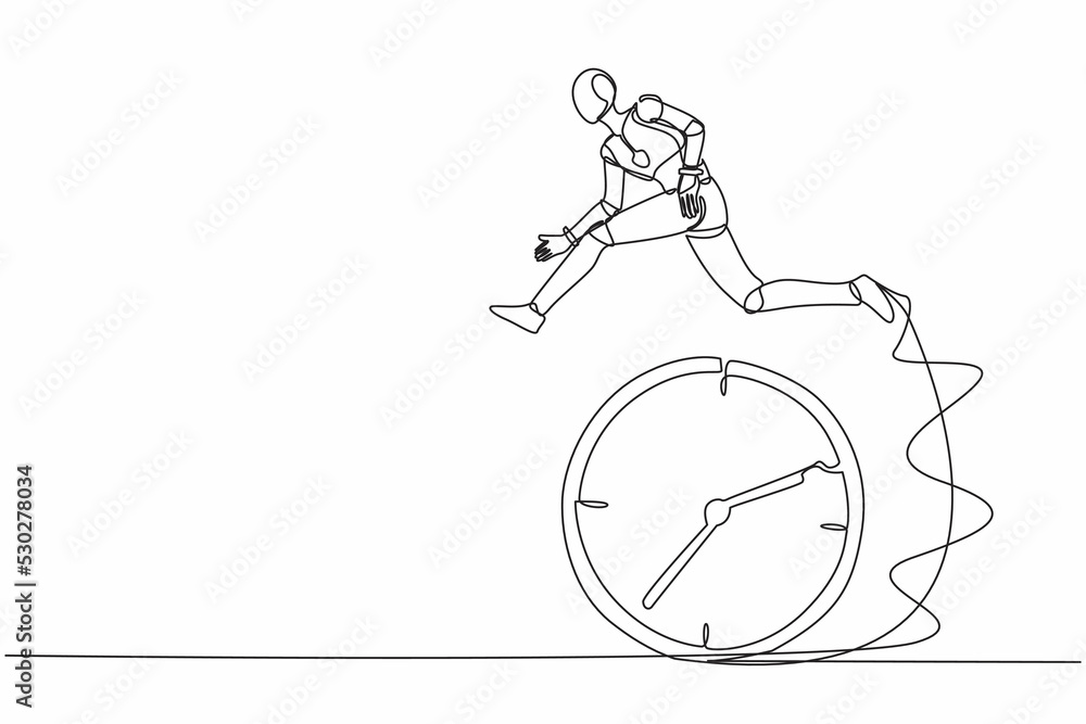 Poster single continuous line drawing robot jumping over clock. time management, scheduling. work effective