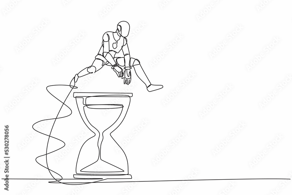 Poster single continuous line drawing robot jumping over hourglass. business scheduling and time management
