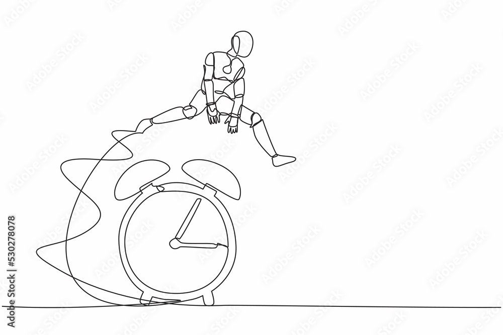 Poster continuous one line drawing robot jump over alarm clock. business deadline, working time efficiency.