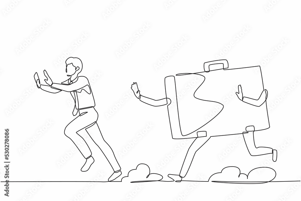 Poster single one line drawing stressed businessman being chased by briefcase. chased by high performance a