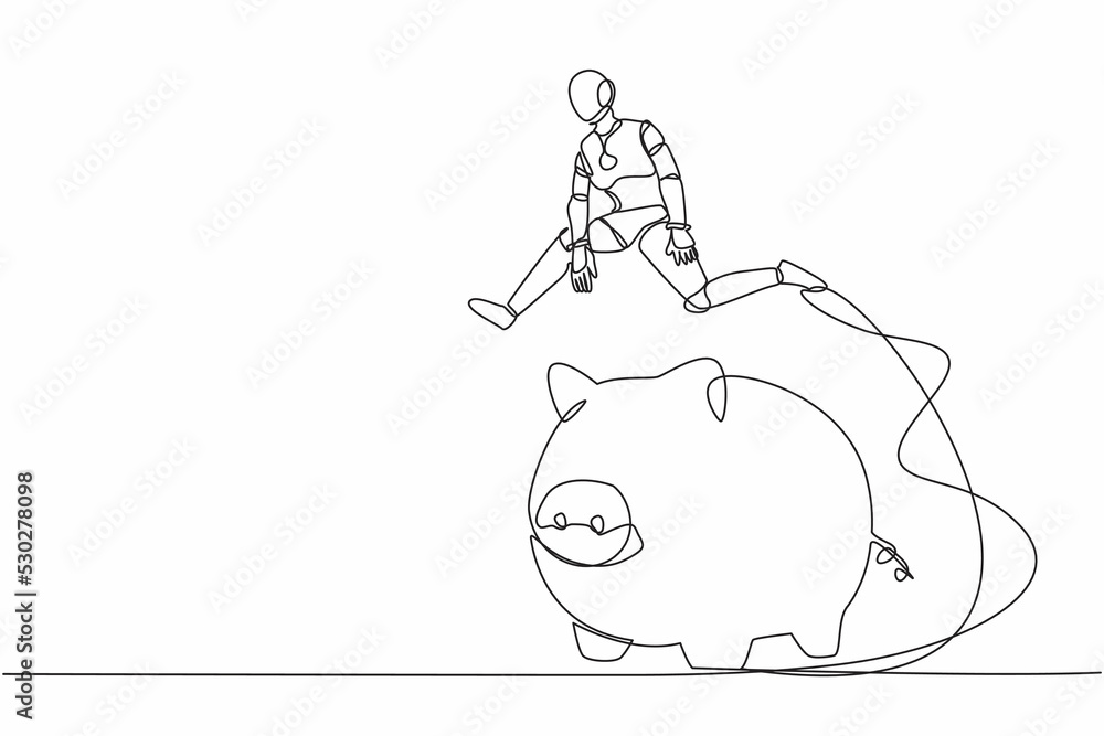 Poster continuous one line drawing robot jumping over piggy bank. security of money storage, saving for inv