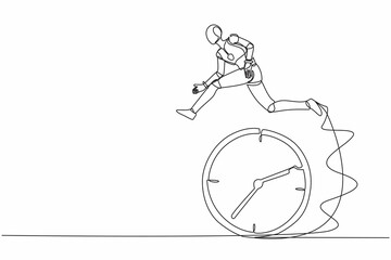 Single continuous line drawing robot jumping over clock. Time management, scheduling. Work effectiveness. Robotic artificial intelligence. Technology industry. One line draw design vector illustration
