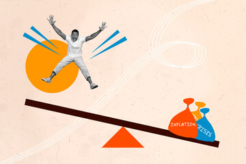 Poster collage of businessman jump high imbalance with inflation crisis sack isolated on painted...