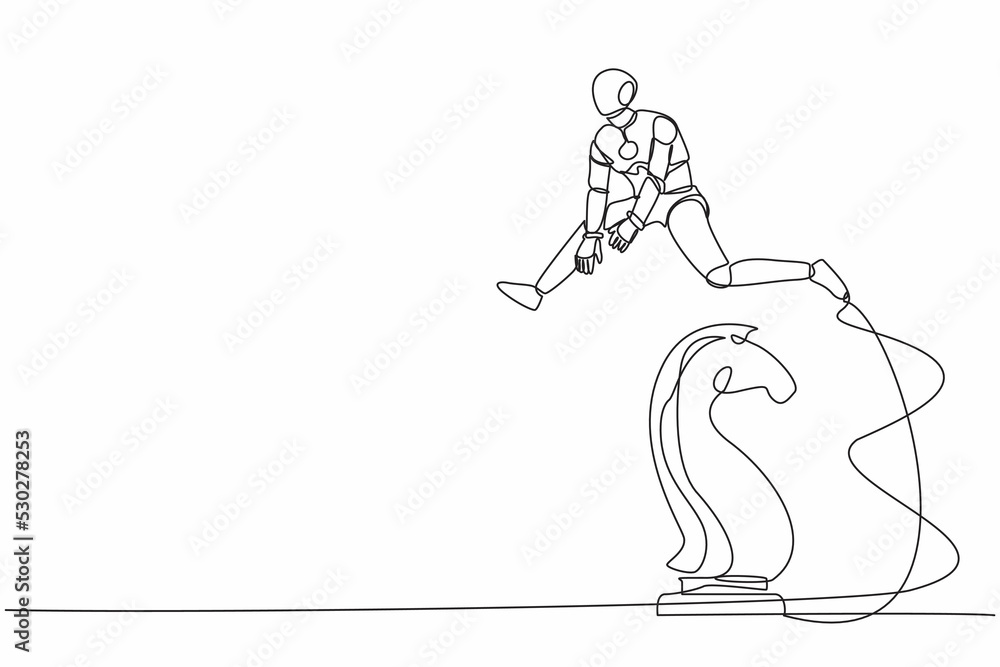 Poster continuous one line drawing robot jumping over chess horse knight. brain intelligence sport, tactica