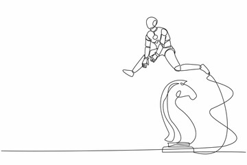 Continuous one line drawing robot jumping over chess horse knight. Brain intelligence sport, tactical movement idea. Future robotic cybernetic development. Single line draw design vector illustration