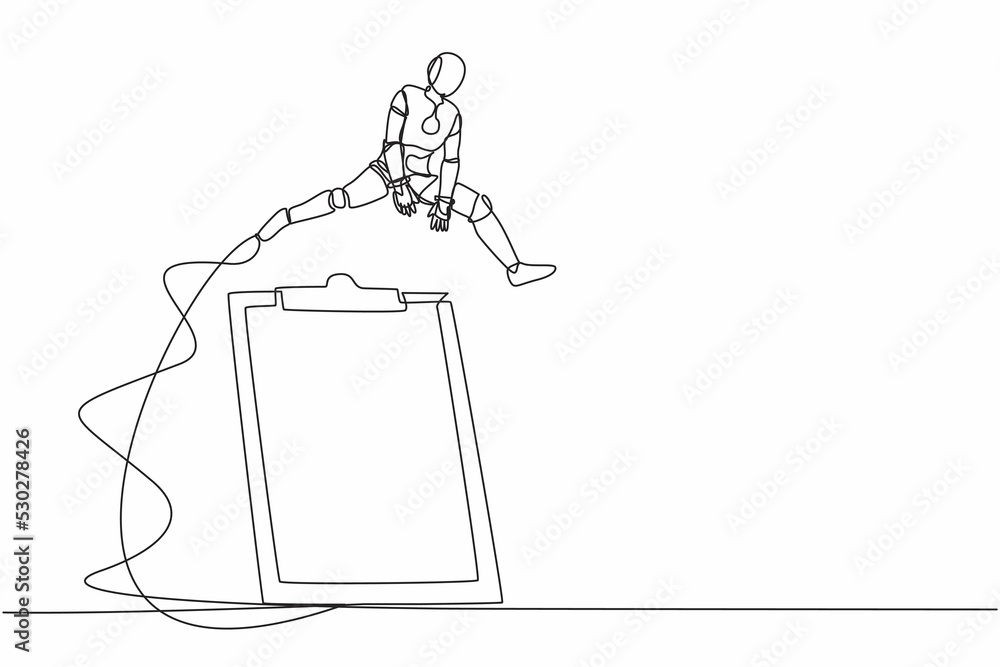 Poster single one line drawing robot jumping over big clipboard. checklist survey application paper sheets 