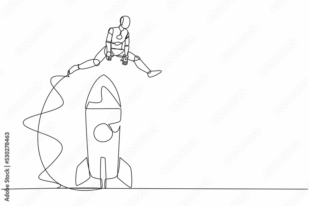 Poster Single continuous line drawing robot jumping over big rocket. Successful startup launch preparation. Modern robotic artificial intelligence. Dynamic one line draw graphic design vector illustration