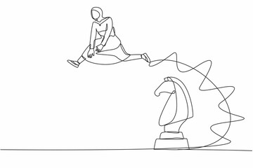 Single continuous line drawing Arab businesswoman jump over chess horse knight. Intelligence sport, tactical movement idea. Strategy move in business. One line draw graphic design vector illustration