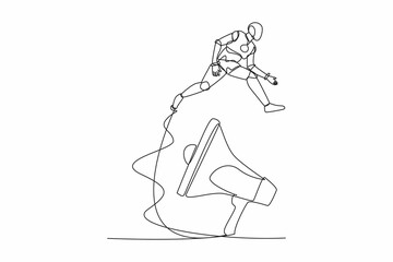 Single continuous line drawing robot jumping over big megaphone. Loudspeaker technology. Announcement, advertising. Modern robotic artificial intelligence. One line graphic design vector illustration