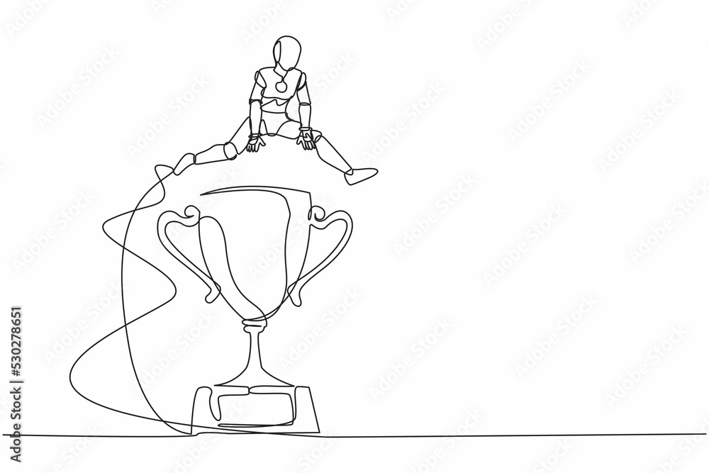 Poster continuous one line drawing robot jumping over big trophy. challenge or succeed in business competit