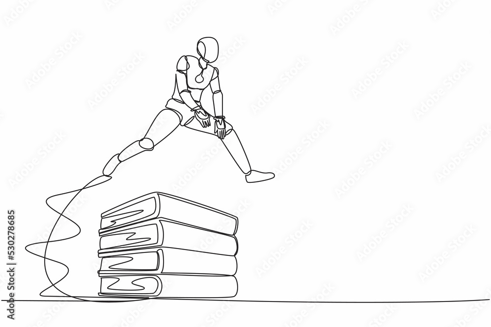 Poster single one line drawing robot jumping over pile of big binders. stack of paper work document. inform
