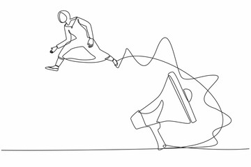 Continuous one line drawing Arabian businesswoman jumping over big megaphone. Loudspeaker technology. Announcement, advertising. Marketing device equipment. Single line draw design vector illustration