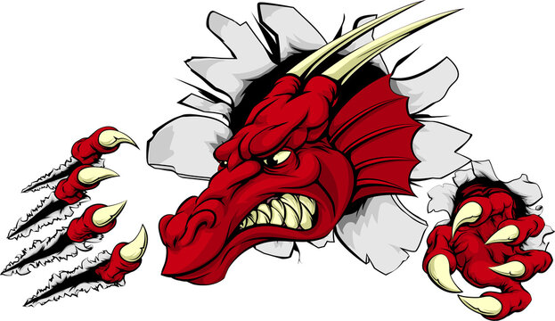 Red dragon mascot breaking through wall