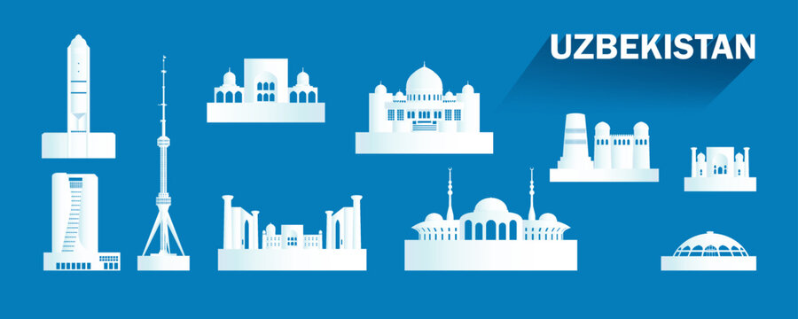 Travel landmarks Uzbekistan with isolated silhouette architecture on blue background.