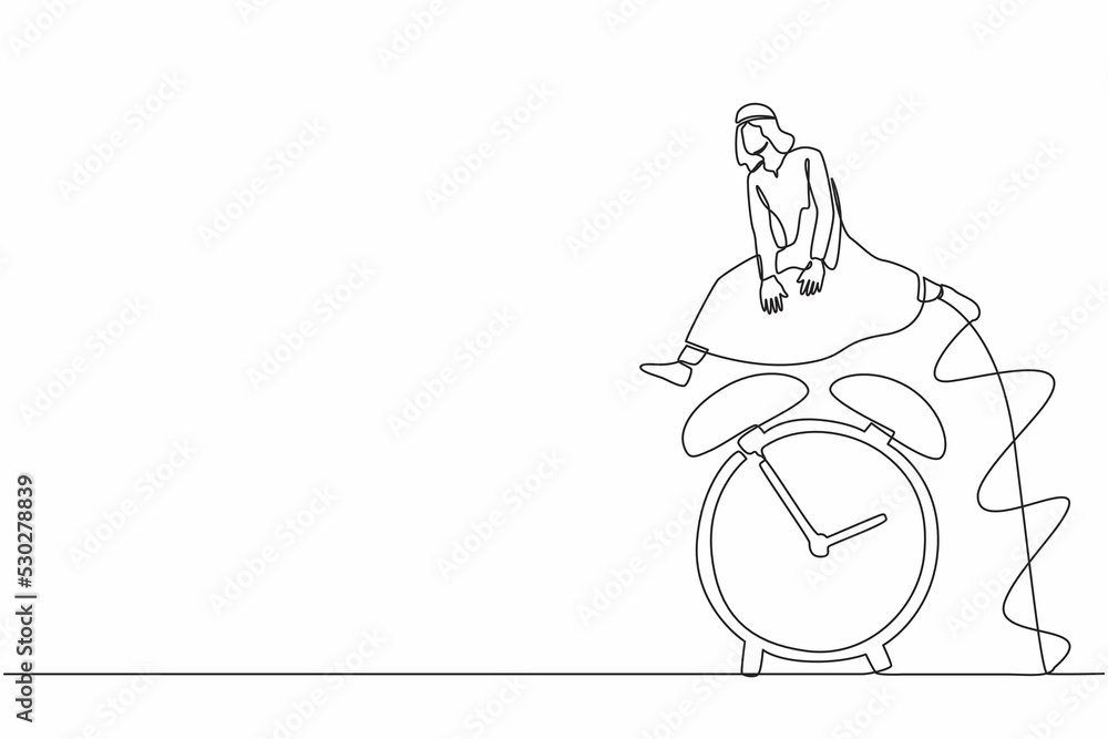 Poster single continuous line drawing arabian businessman jump over time passing alarm clock. overload work