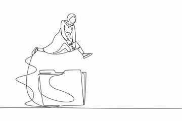 Single continuous line drawing Arab businesswoman jumping over big folder icon. Document, file folders. Storage indexing of information. Data archive. One line draw graphic design vector illustration