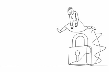 Single continuous line drawing Arab businessman jumping over big lock. Unlock business opportunity secret. Solve business problem, professional solutions. One line graphic design vector illustration