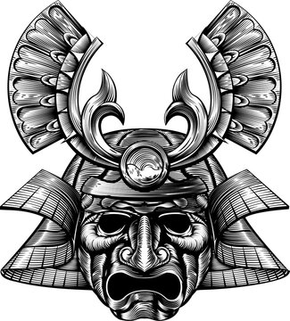 Samurai Mask Woodblock Style