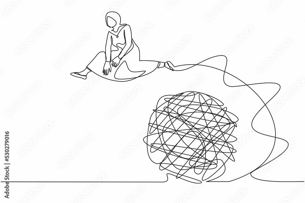 Poster continuous one line drawing arab businesswoman jumping over tangled scribble. solution looking for c