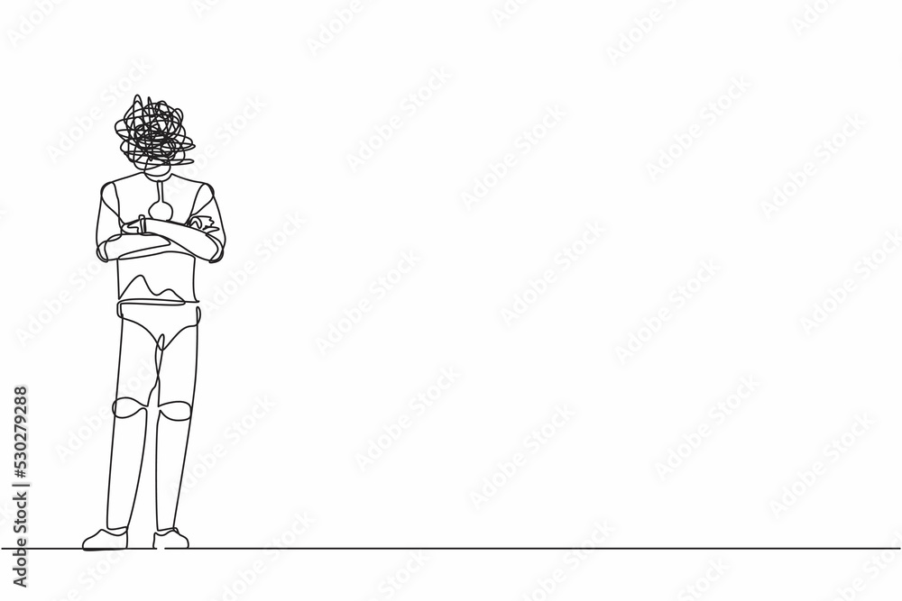 Poster continuous one line drawing robot with round scribble instead of head, standing with folded arms pos