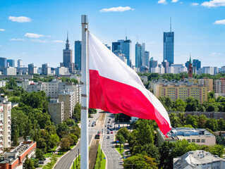 Flaga polski na tle drapaczy chmur w centrum Warszawy na tle niebieskiego nieba, widok z lotu ptaka - obrazy, fototapety, plakaty