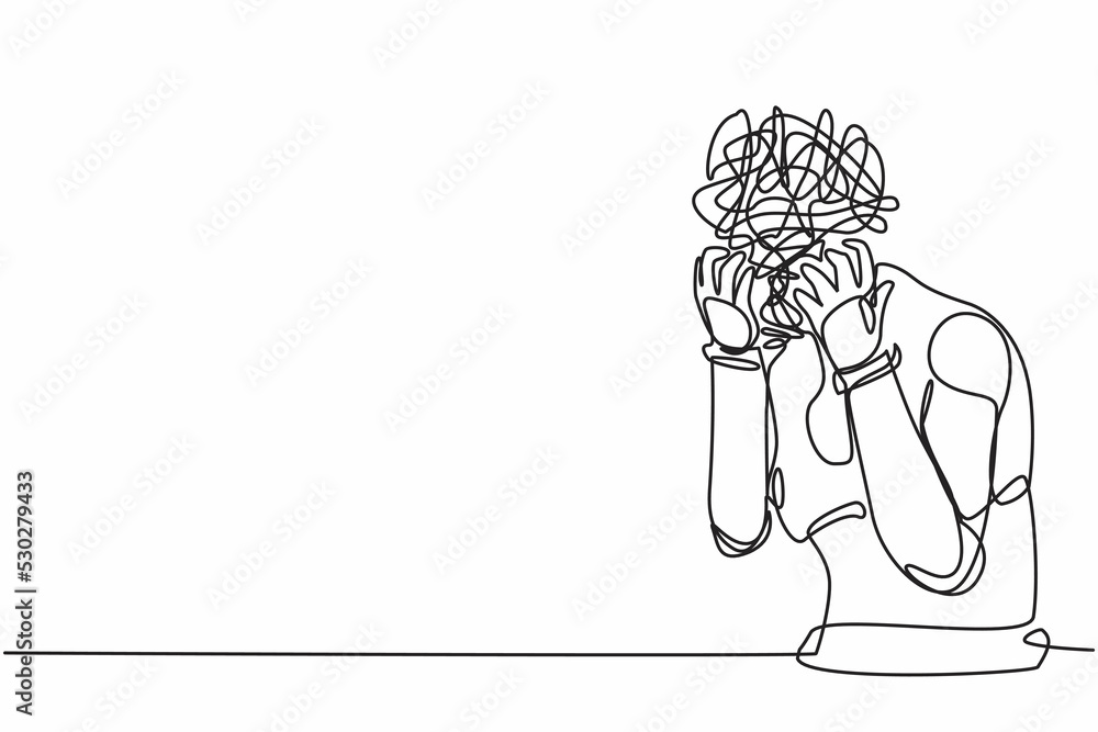 Poster single one line drawing robot with round scribbles instead of head, suffer headache, workload. artif