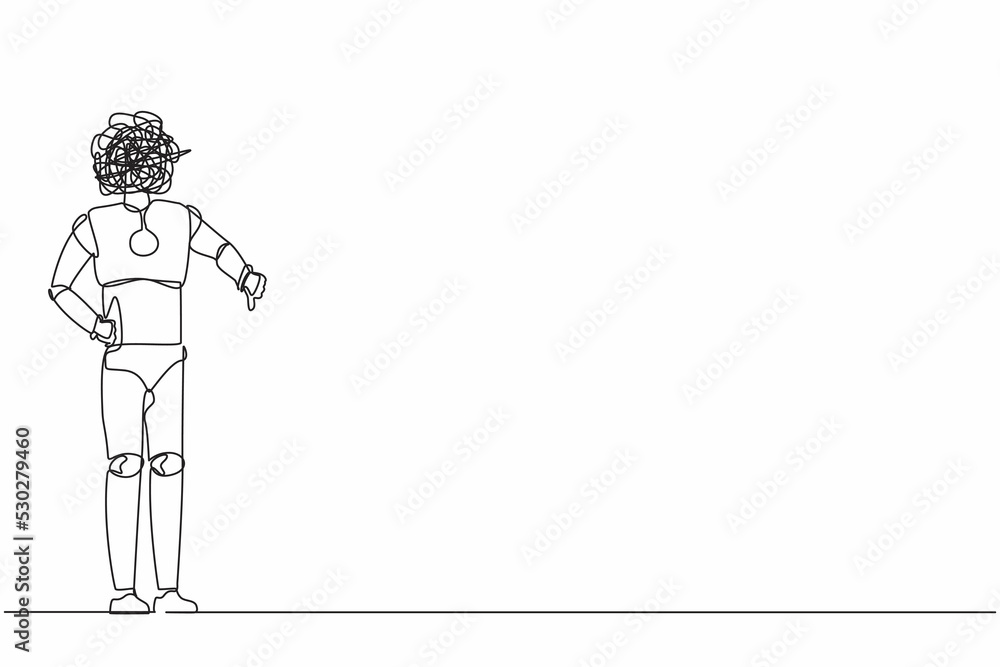 Poster single continuous line drawing robot with round scribbles instead of head, showing thumbs down sign,